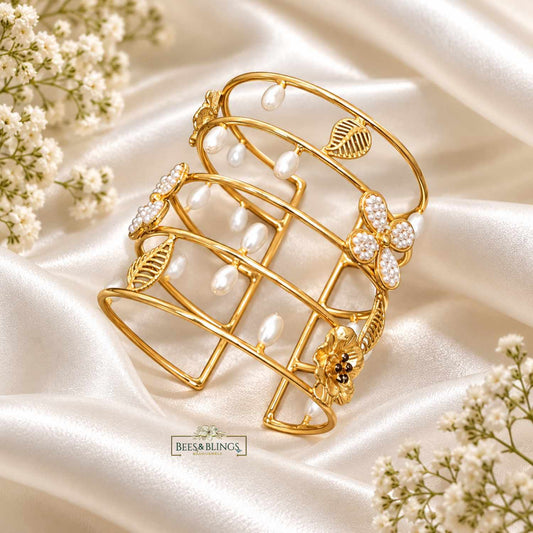 Gold-Tone Pearl Floral Statement Cuff Bracelet