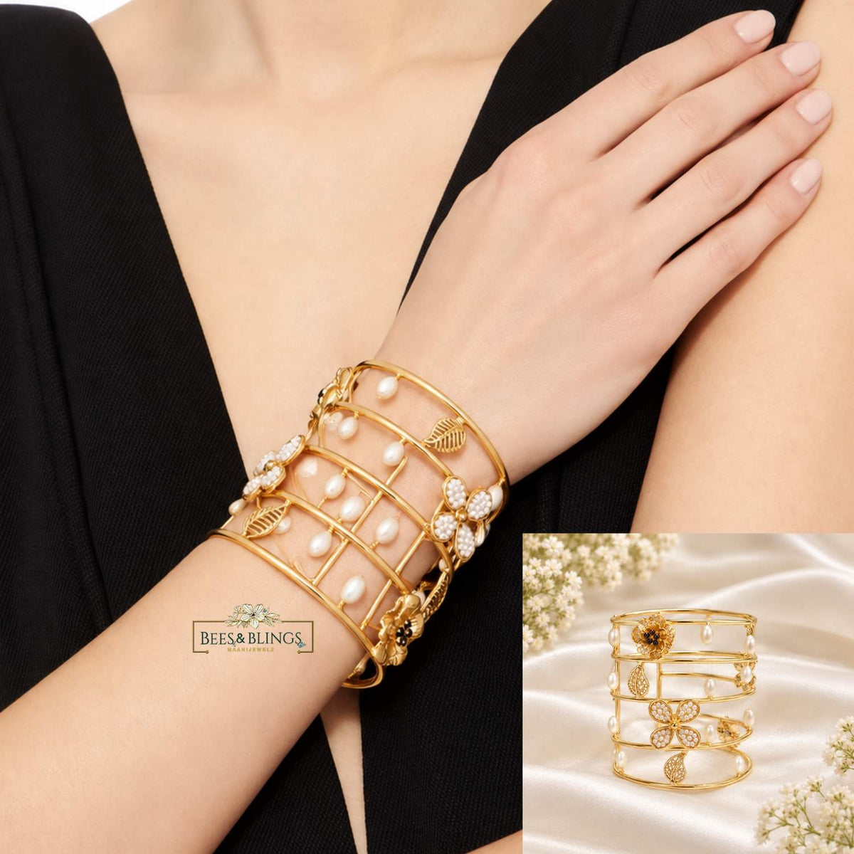 Gold-Tone Pearl Floral Statement Cuff Bracelet