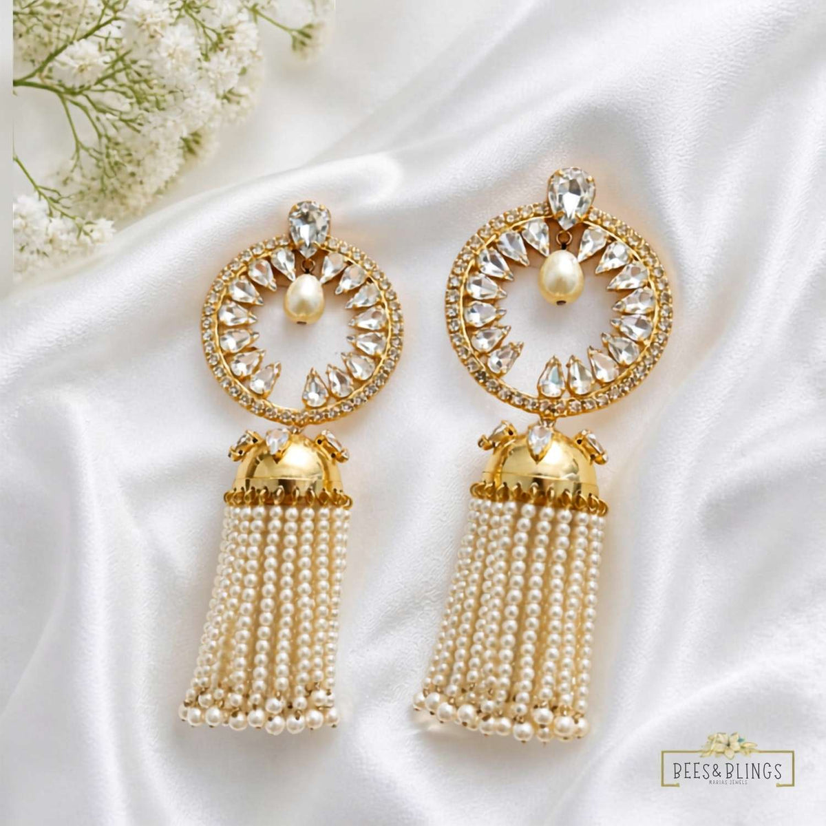 Crystal Pearl Tassel Statement Earrings