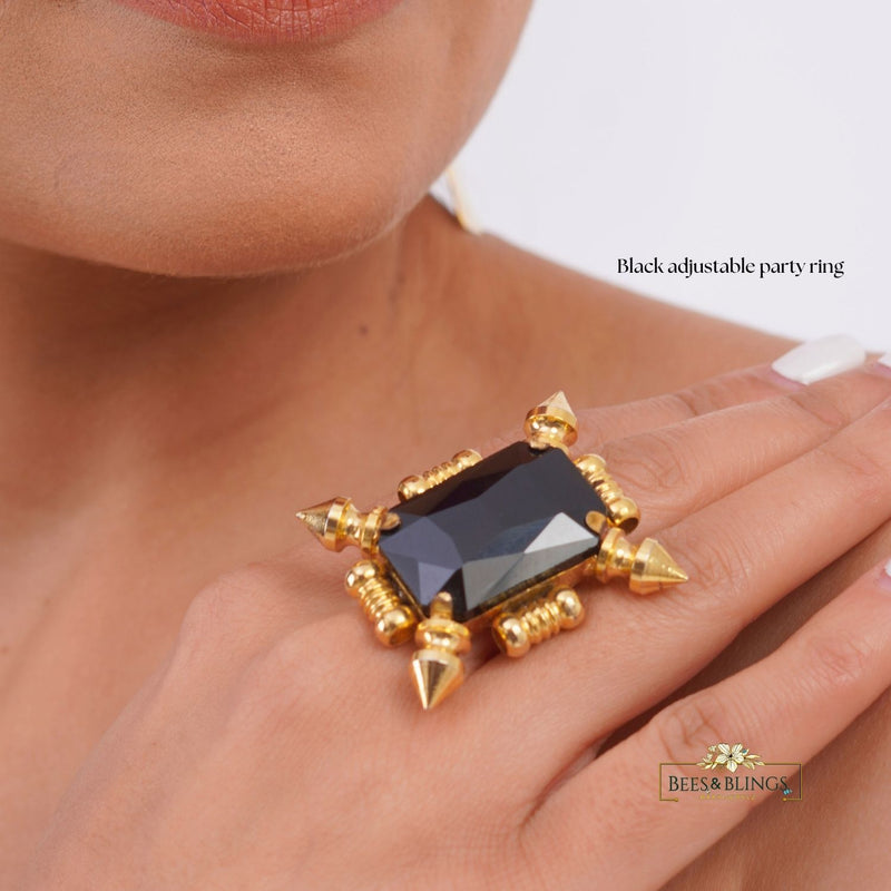 Black & Red Crystal Statement Ring | Gold Spike Cocktail Ring