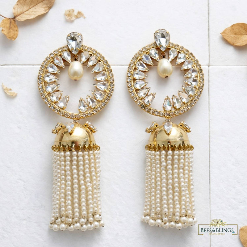 Crystal Pearl Tassel Statement Earrings