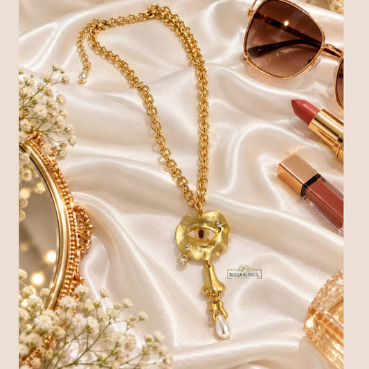 Gold Evil Eye Statement Necklace with Pearl Drop Pendant
