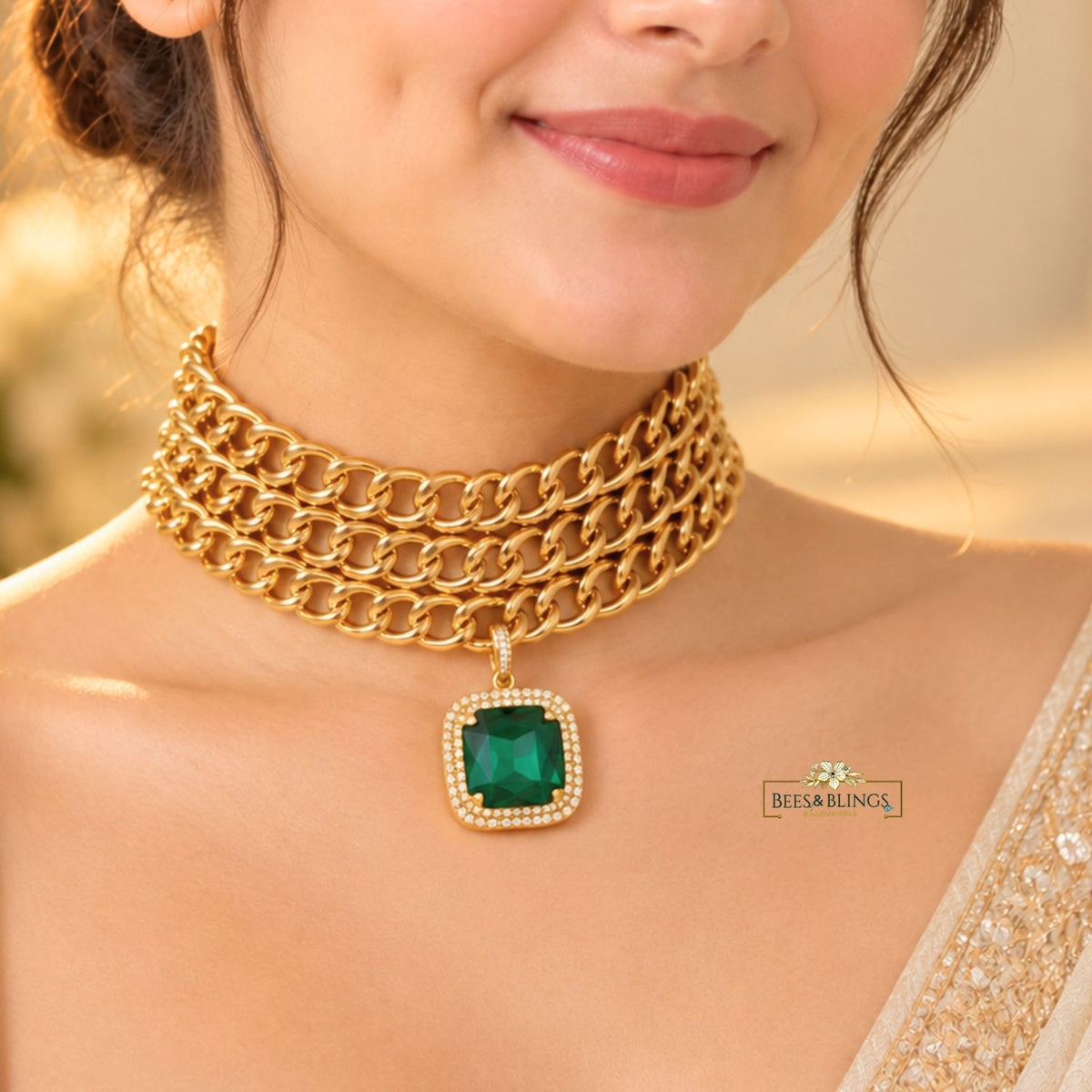 Golden-Tone Emerald Green Stone Statement