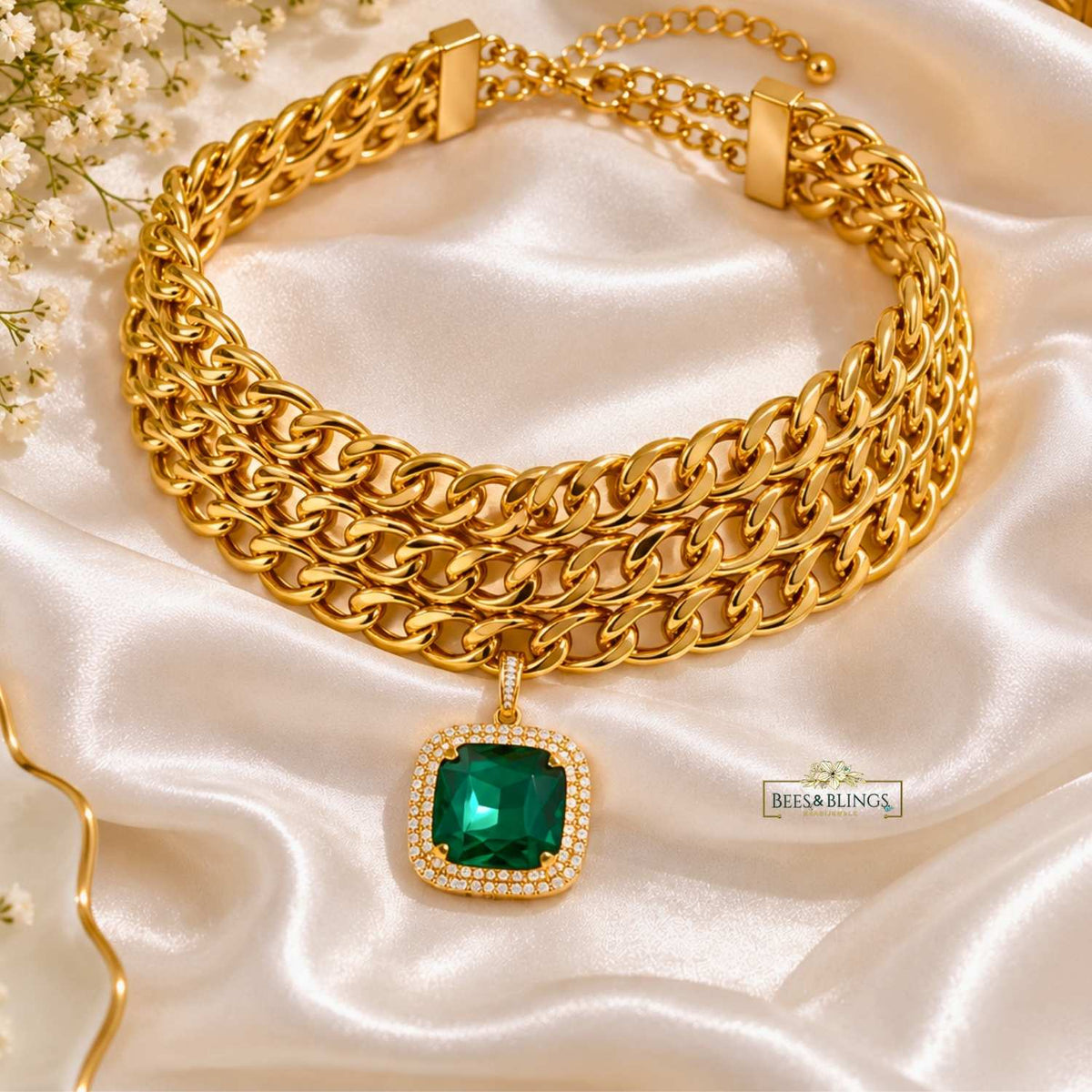 Golden-Tone Emerald Green Stone Statement