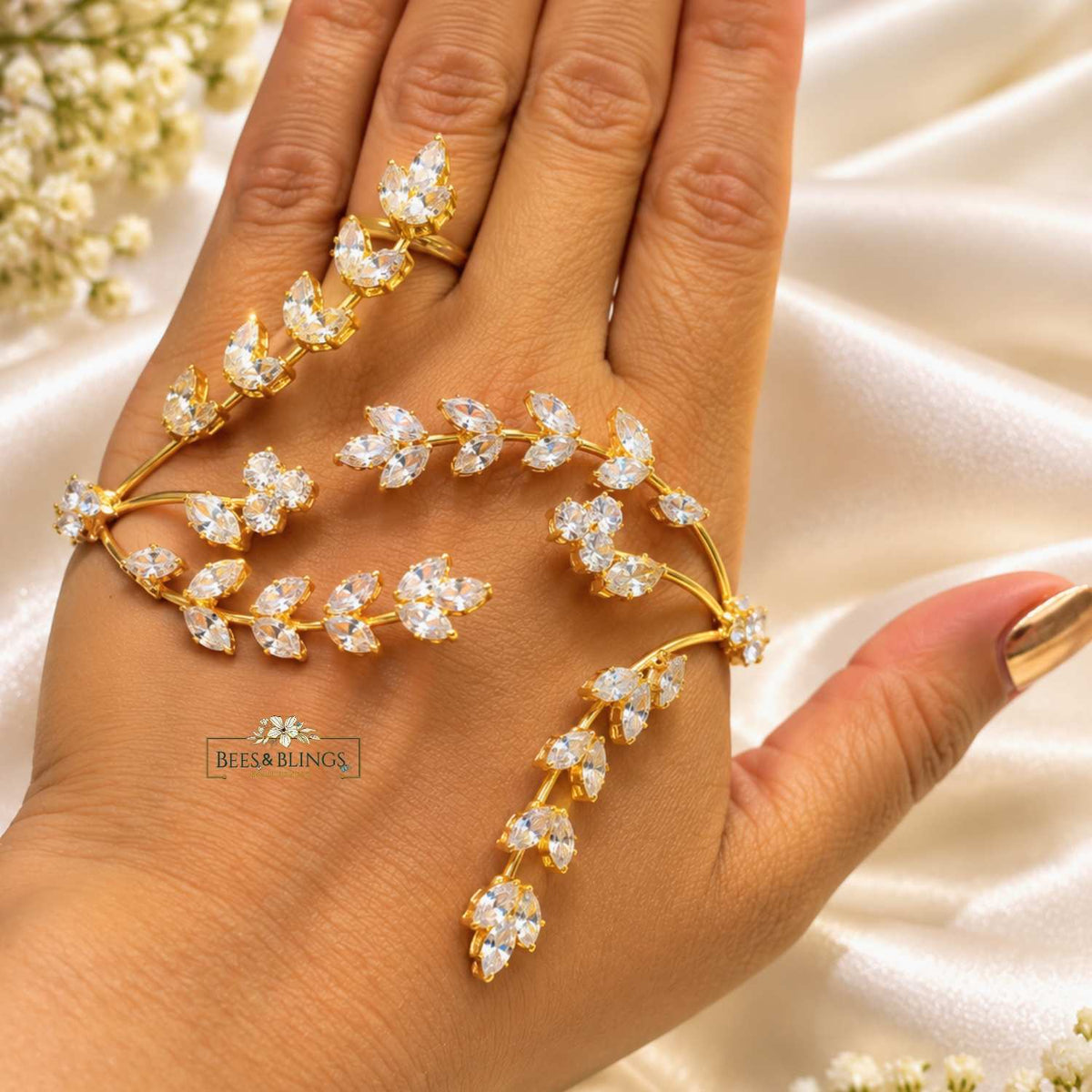 Crystal Leaf Palm Ring – Statement Hand Harness