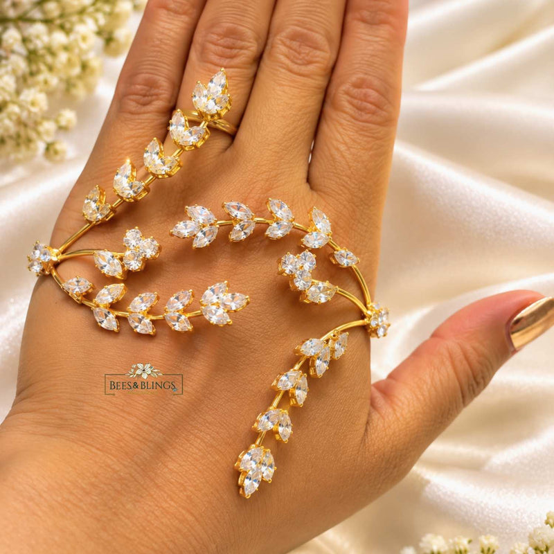 Crystal Leaf Palm Ring – Statement Hand Harness