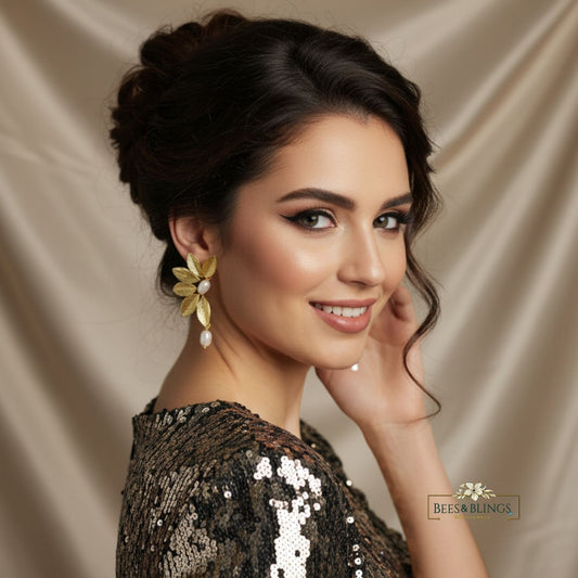 Gold Plated Leaf Pearl Drop Earrings