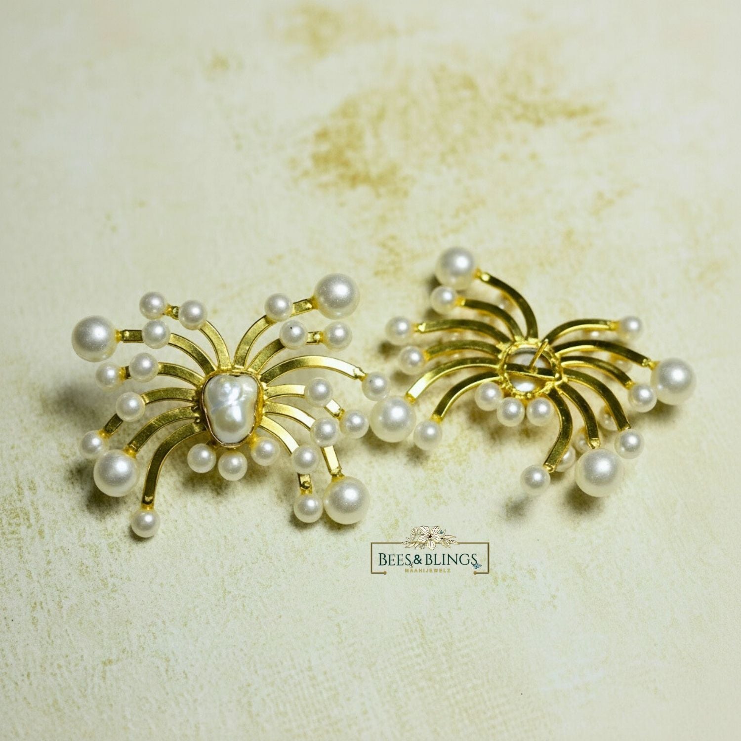 Gold-Plated-Sunburst-Pearl-Statement-Earrings-front-back