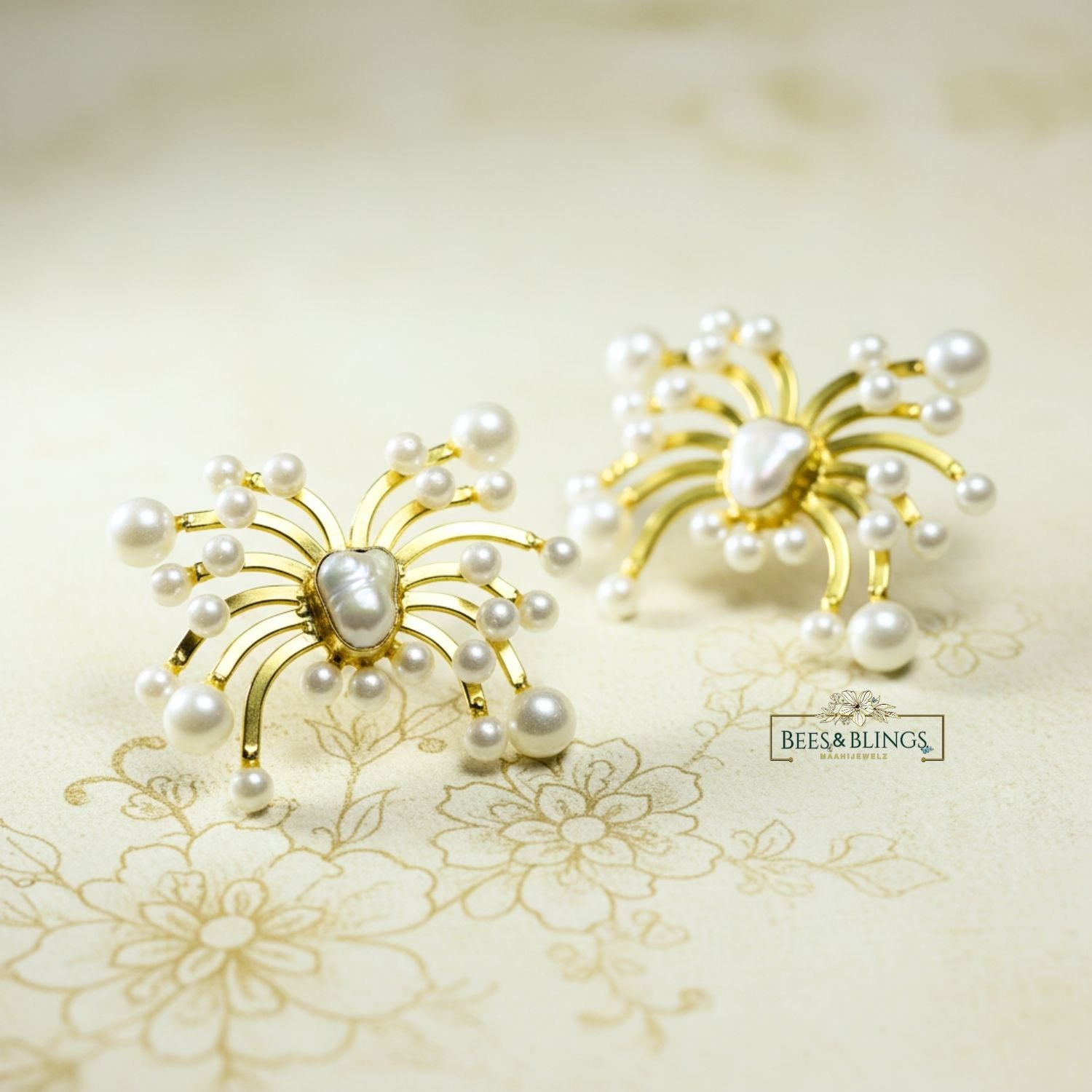 Gold-Plated-Sunburst-Pearl-Statement-Earrings