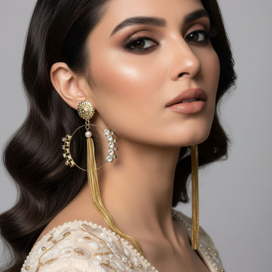 Gold-Rhinestone-tassel-Hoop-Statement-Earrings-model