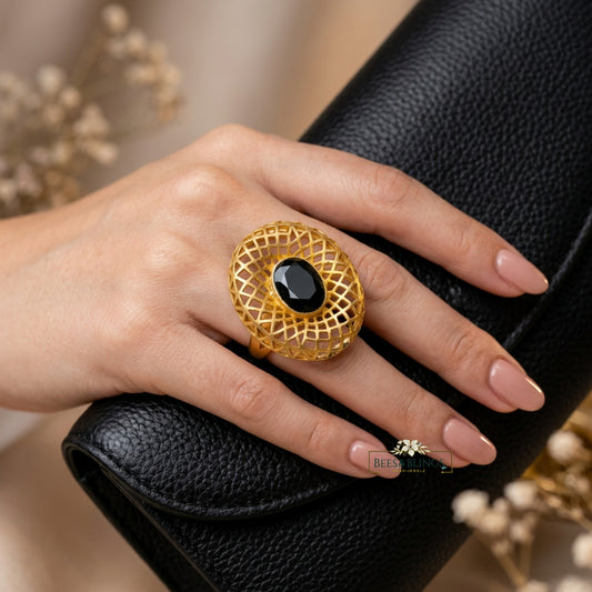 Gold Plated Black Oval Ring