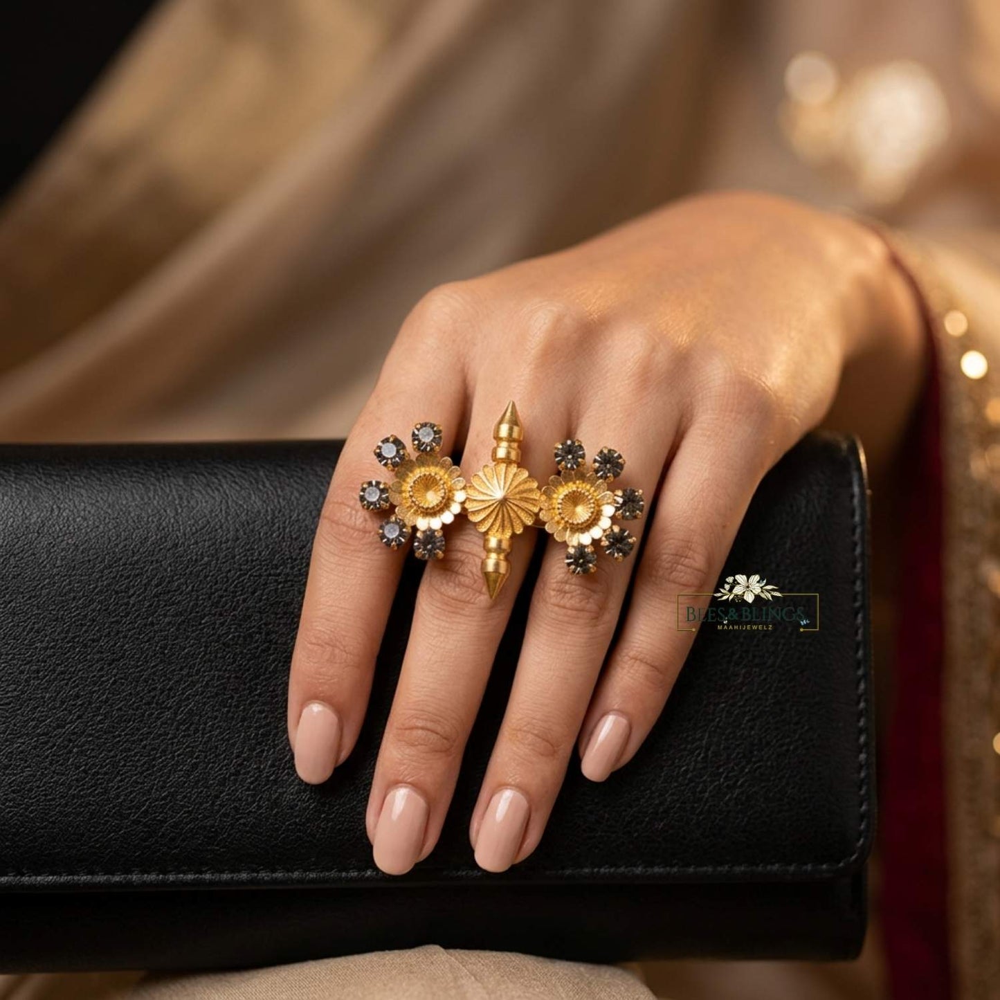 Gold Plated Black Statement Ring