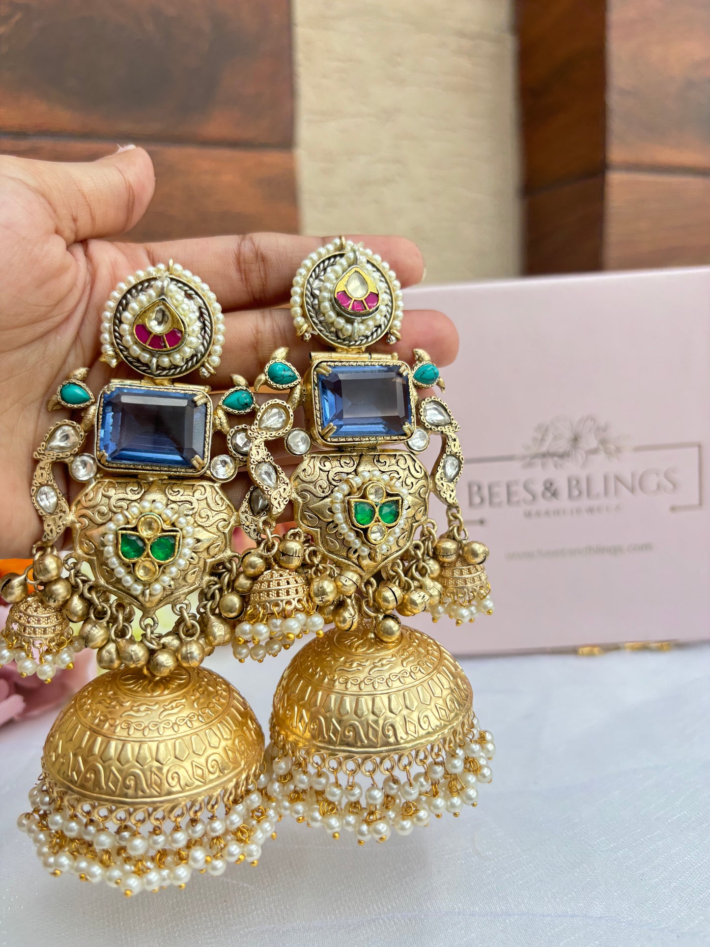 golden-royal blue-ras rasiya-jhumkas