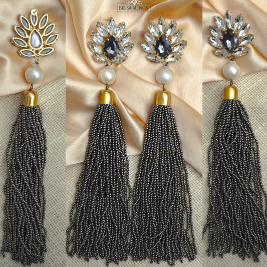 NOURA GREY-BEADED-LONG-EARRINGS