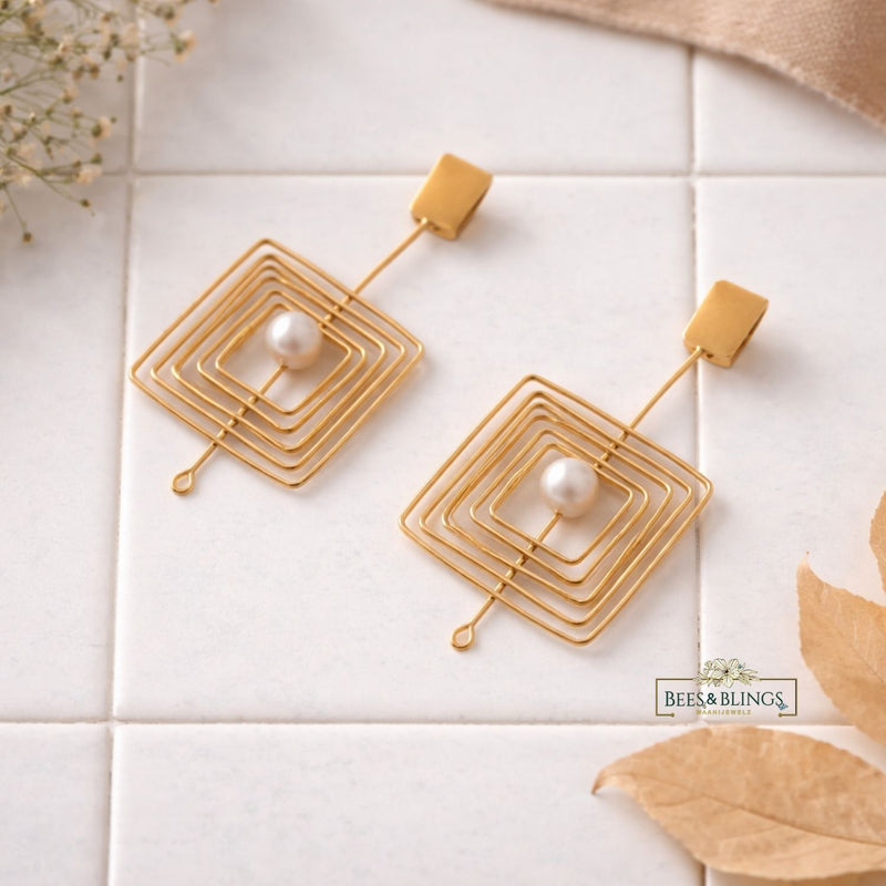 Gold Plated Pearl Geometric Earrings