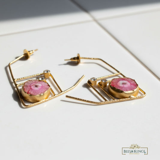 Pink Druzy Gemstone Earrings – Party Wear Gold Plated Studs for Women