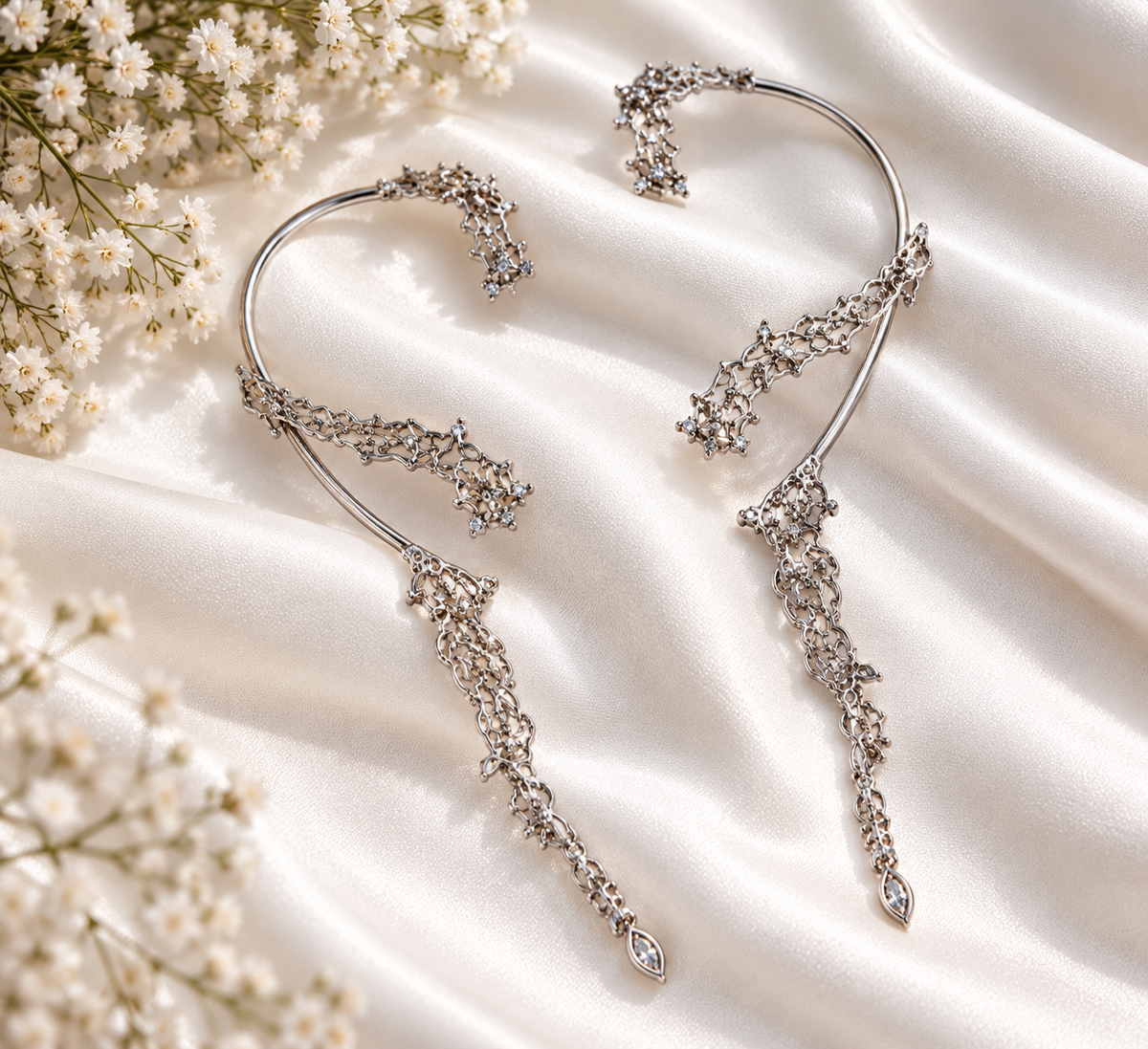 Silver Crystal Chain Drop Ear Cuff