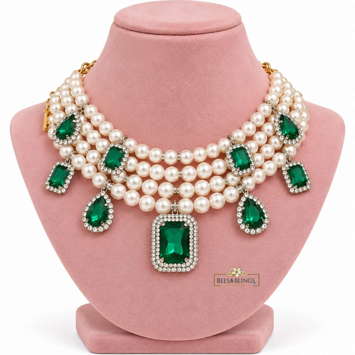 Green Pearl Rhinestone Charms Statement Necklace