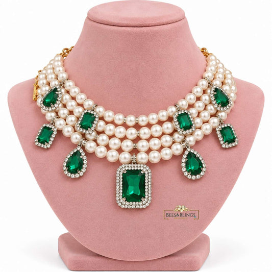 Green Pearl Rhinestone Charms Statement Necklace