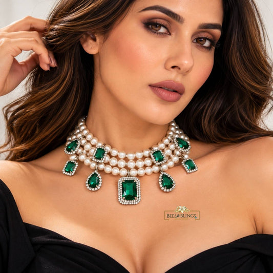 Green Pearl Rhinestone Charms Statement Necklace