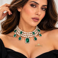Green Pearl Rhinestone Charms Statement Necklace