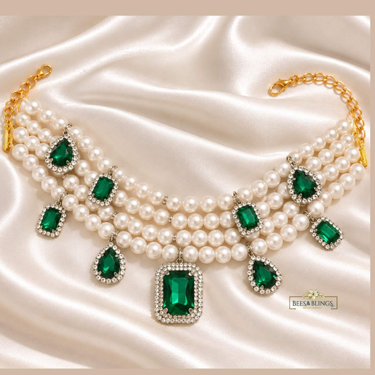 Green Pearl Rhinestone Charms Statement Necklace