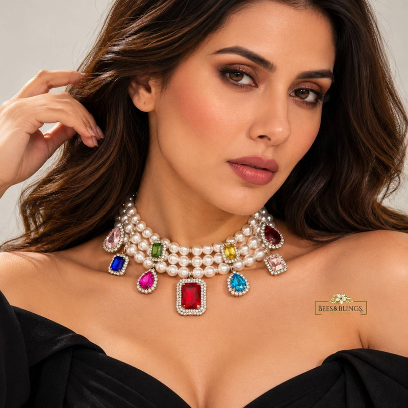 Green Pearl Statement Necklace with Crystal Charms