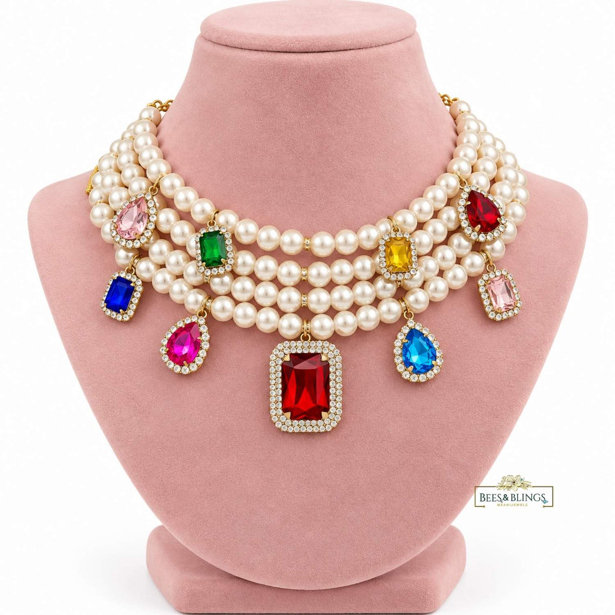 Green Pearl Statement Necklace with Crystal Charms