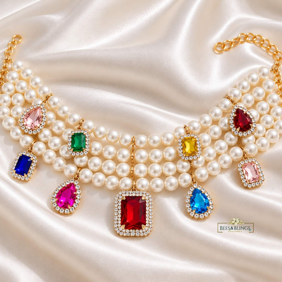 Green Pearl Statement Necklace with Crystal Charms