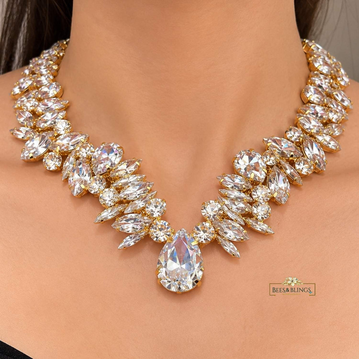Golden Rhinestone Statement Necklace