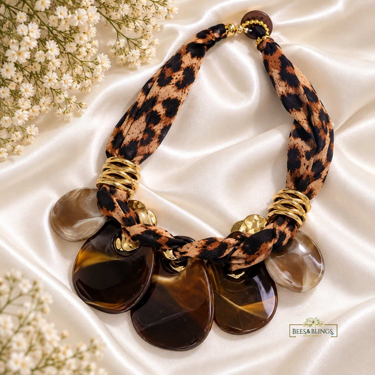 Brown Leopard Print Fabric & Gold Floral Chunky Statement Necklace