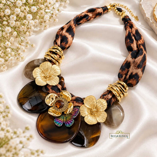 Brown Leopard Print Fabric & Gold Floral Chunky Statement Necklace