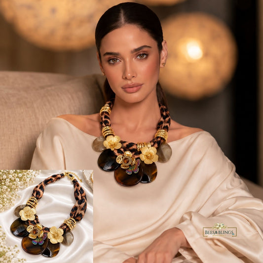 Brown Leopard Print Fabric & Gold Floral Chunky Statement Necklace