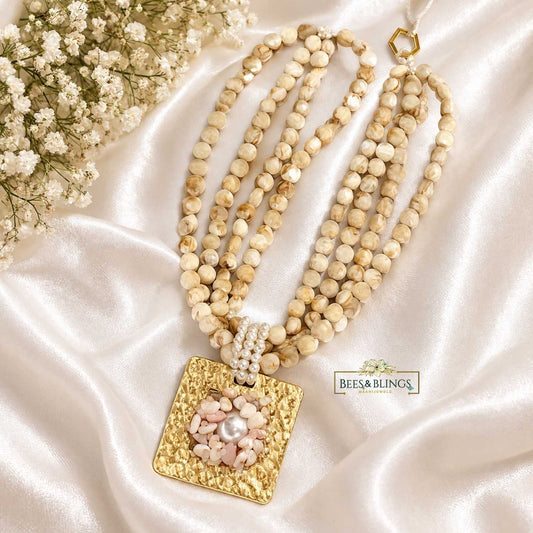 Cream Beige Marbled Beaded Statement Necklace | Bees & Blings