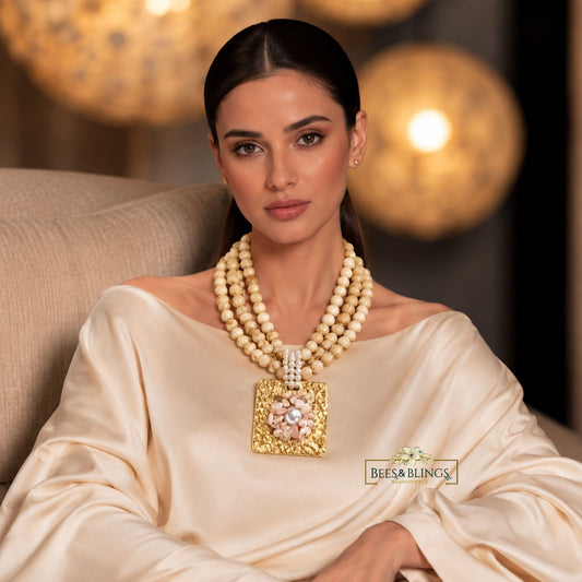 Cream Beige Marbled Beaded Statement Necklace | Bees & Blings