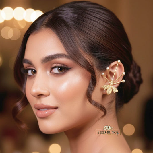 Golden Bee Pearl Drop Statement Earrings