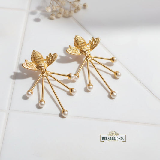 Gold Bee Pearl Drop Statement Earrings