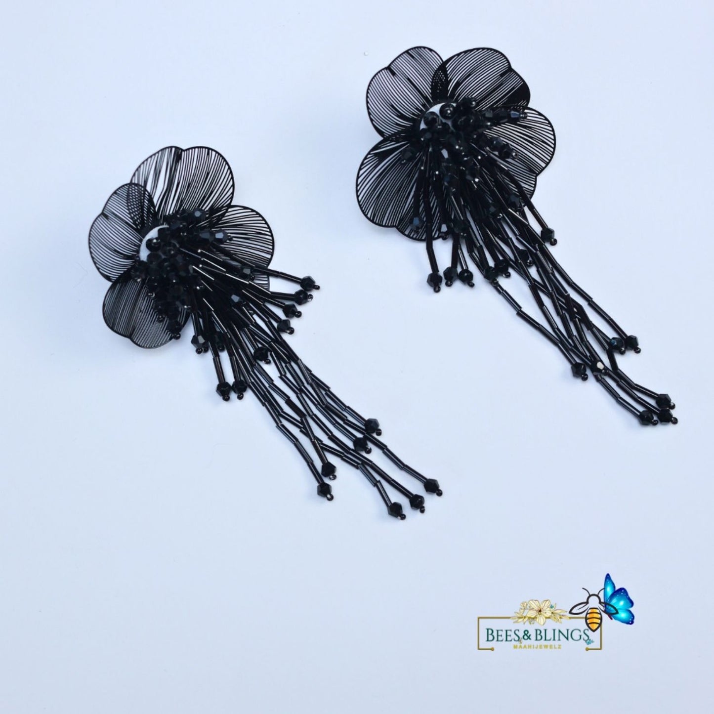 Black Floral Tassel Earrings