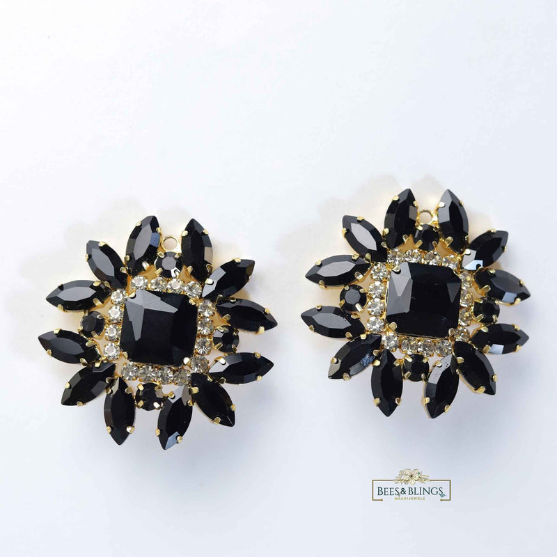 Black Rhinestone Statement Stud Earrings | Gold Plated Party Studs