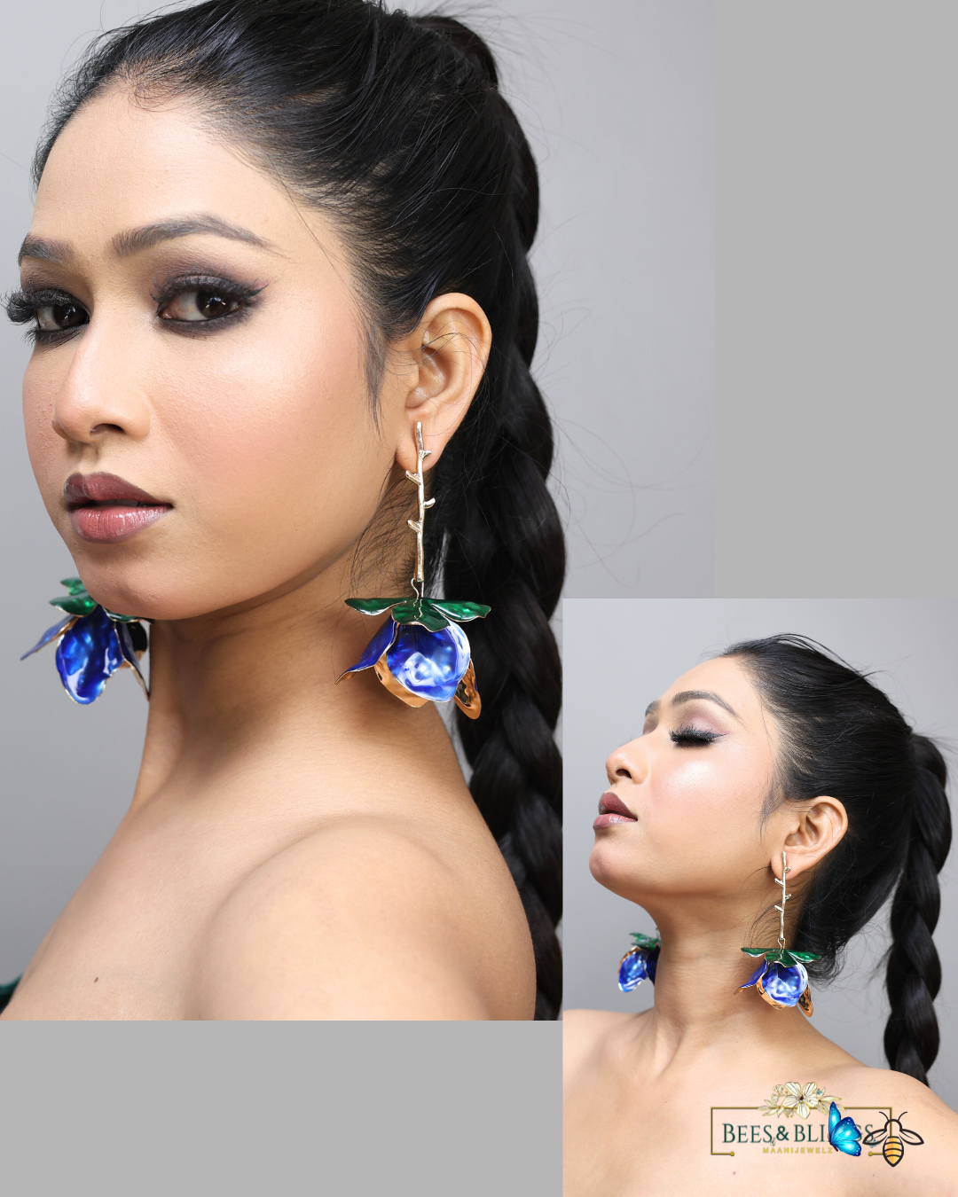 blue floral party earrings