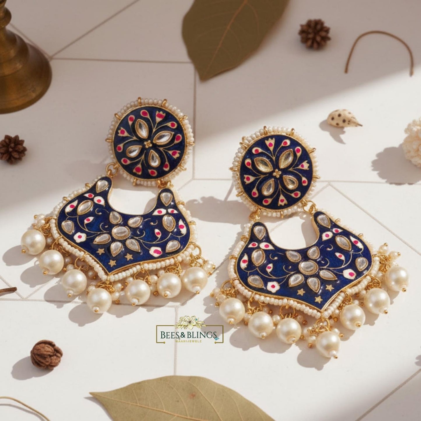 Blue meenakari kundan earrings