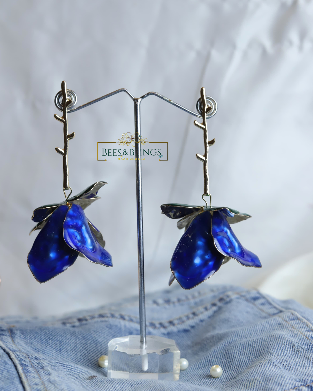 blue floral party earrings