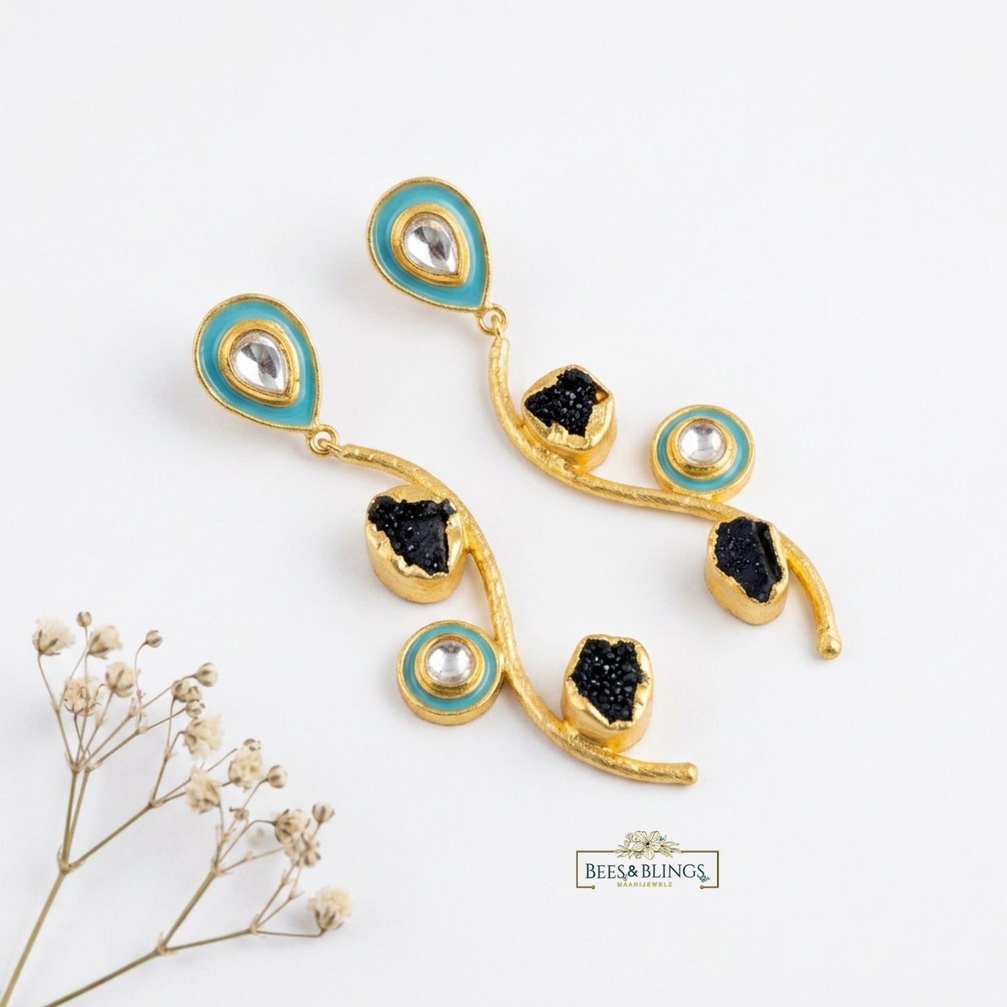 Golden Druzy Statement Drop Earrings