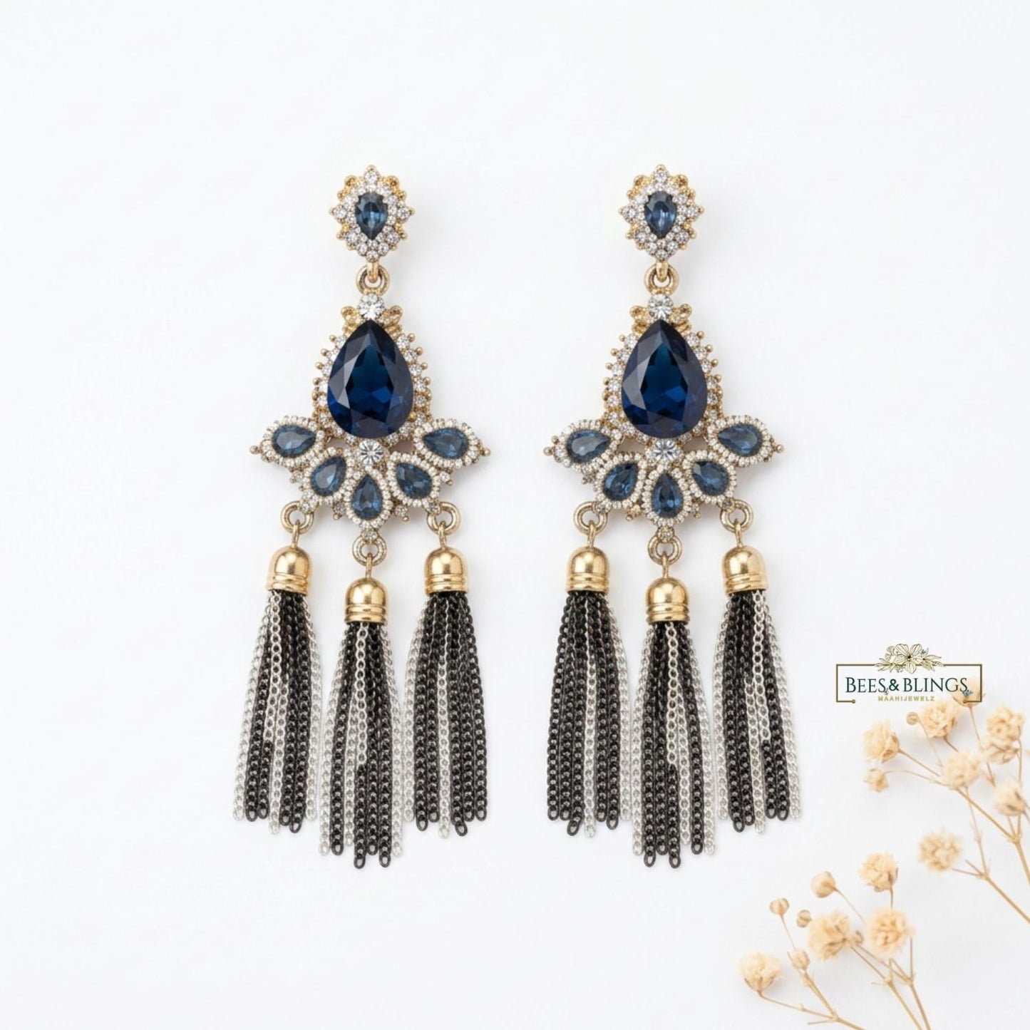 Blue Golden Mini Tassel Drop Earrings