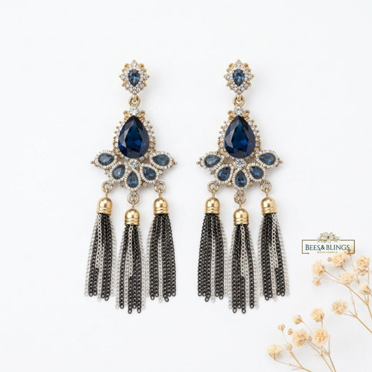 Blue Golden Mini Tassel Drop Earrings
