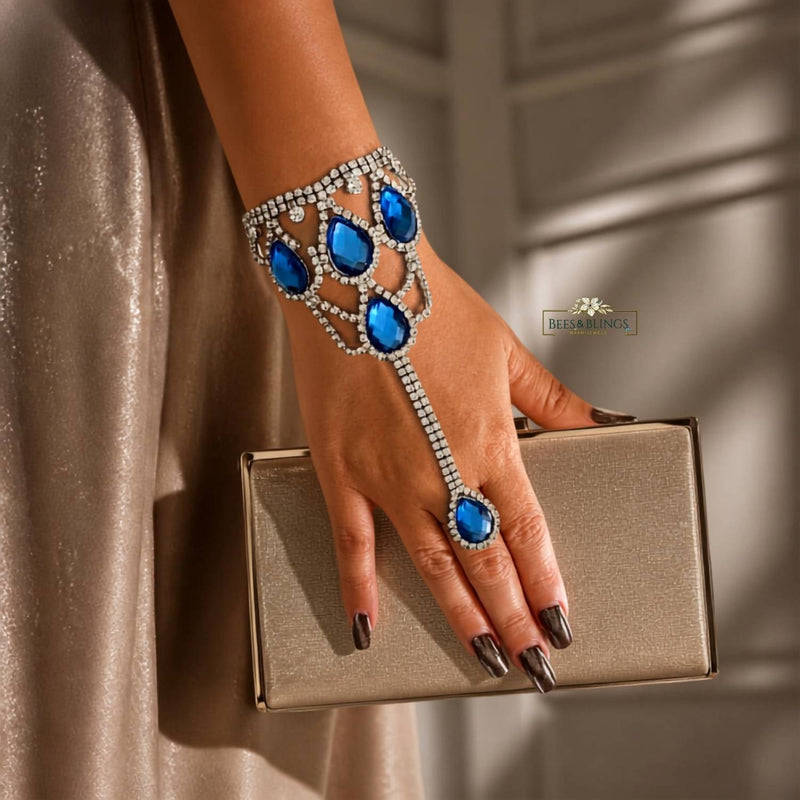 Silver-Blue statement hand harness