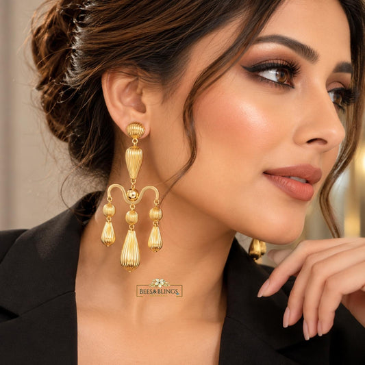Gold-Plated Ribbed Chandelier Statement Earrings