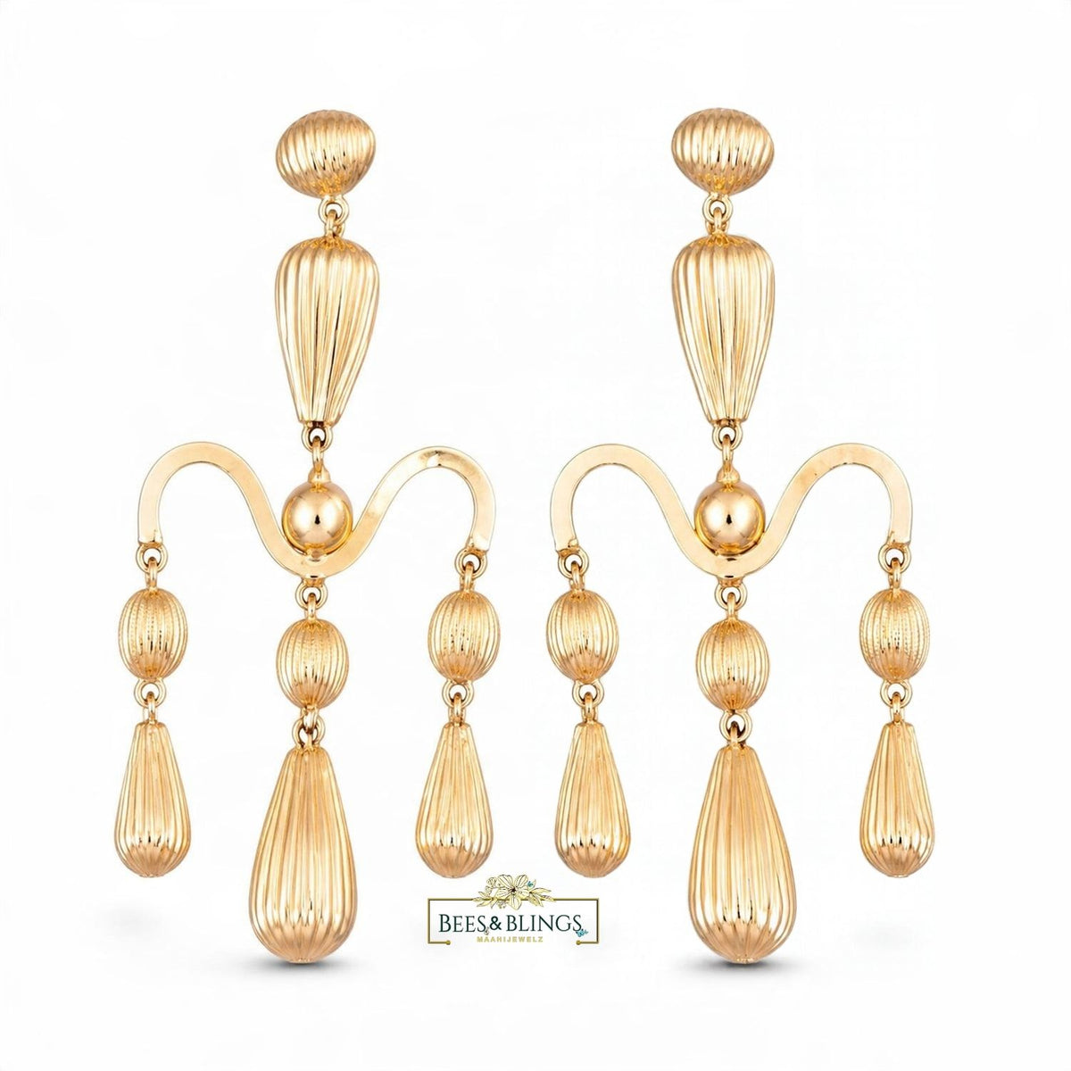 Gold-Plated Ribbed Chandelier Statement Earrings