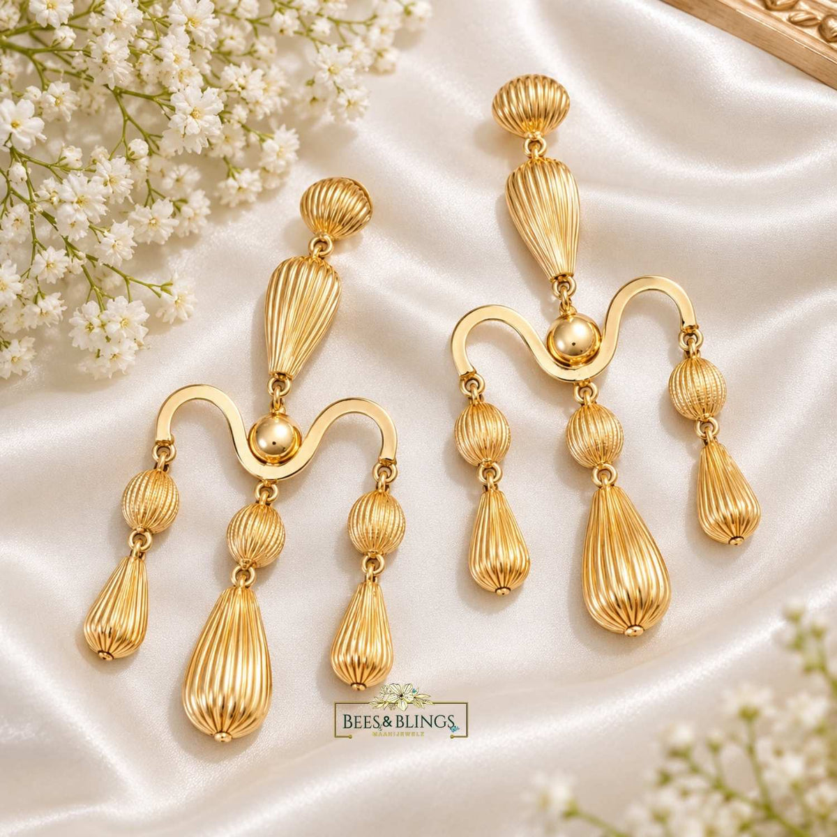 Gold-Plated Ribbed Chandelier Statement Earrings