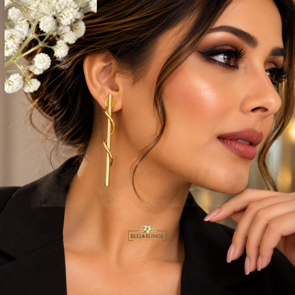 Gold-Plated Twisted Bar Drop Earrings